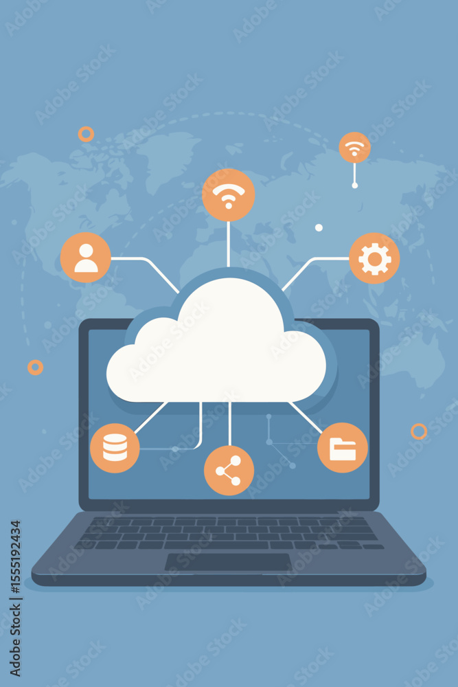 Poster global cloud computing concept with laptop and network icons on screen. vector cartoon illustration 