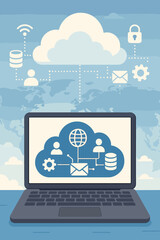 Global cloud computing technology vector concept. Laptop displaying network icons for data storage, server, security, and communication over a world map. Information technology.