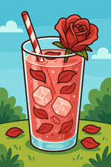 Refreshing Rose Petal Drink with Ice Cubes and Straw in Glass, Summer Beverage Vector Illustration, Floral Cocktail, Refreshment, Garden Drink Concept