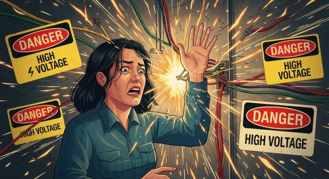 Female electrician shocked by high voltage wiring mishap in dangerous workplace - Powered by Adobe