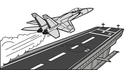 Fighter Jet Launching from Aircraft Carrier Deck.