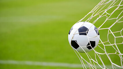 Soccer Ball in Net: Goal! Triumphant Victory, Green Field Background, Sports Photography