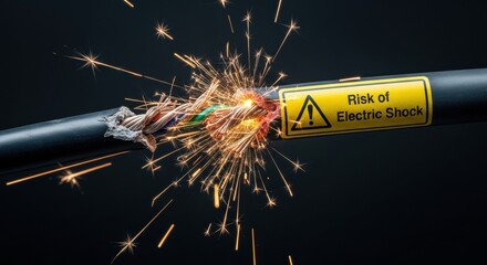 Frayed electrical cable sparking with electric shock warning sign