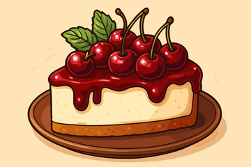 Delicious Cherry Cheesecake Slice with Red Glaze, Fresh Cherries, and Green Mint Leaves. Sweet Dessert with Berry Topping. Vector Cartoon Illustration.
