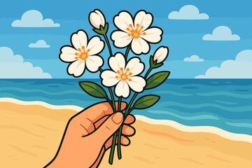 Delicate white seaside flowers bouquet held in hand with green leaves, sandy beach and ocean waves background, summer nature vector cartoon illustration, floral coastal scene