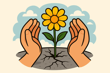 Hope and resilience concept. Flower growing from cracked earth. Hands protecting new life. Growth, strength, survival, and new beginnings. Environmental care and nature conservation. Vector.