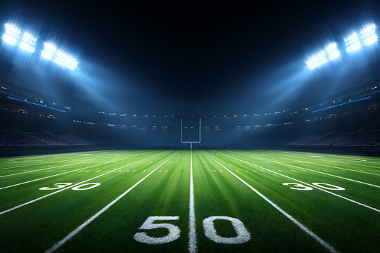 Night Football Stadium: Dramatic, Illuminated Field,  Goal Post, Yard Lines. - Powered by Adobe