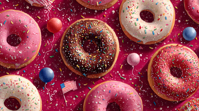 Delicious National Donut Day Watercolor Painting with American Celebration Theme on Ruby Red Background