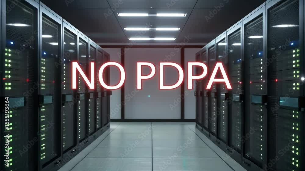 Poster data center - no pdpa compliance - a long corridor in a modern data center is shown, with rows of se