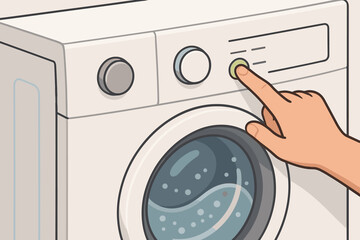 Hand pressing illuminated start button on a modern white washing machine. Activating laundry cycle with finger on control panel. Vector cartoon illustration of home appliance.