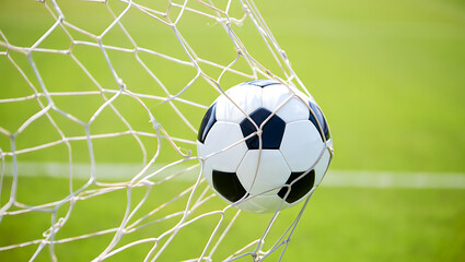 Soccer Ball in Net: Goal!  Triumphant Victory, Close-up, Green Field Background.