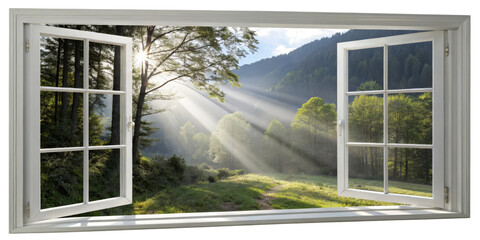Open Window Sunbeams Forest Landscape, Isolated on Transparent Background, nature, scenery, sunlight, Window, Landscape, Sunbeams