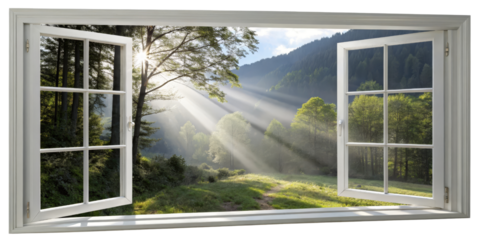 Open Window Sunbeams Forest Landscape, Isolated on Transparent Background, nature, scenery, sunlight, Window, Landscape, Sunbeams