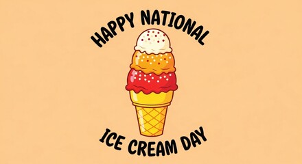 National Ice Cream Day Celebration - Colorful Illustration of a Delicious Ice Cream Cone with Scoops and Sprinkles on a Peach Background
