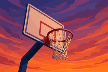 Basketball hoop low angle view against vibrant sunset sky. Outdoor sports court. Dramatic clouds. Urban playground. Evening silhouette. Vector illustration. Recreation, competition, teamwork.