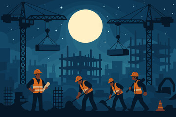 Nighttime construction site with cranes, workers in safety vests and helmets, building skyscrapers under full moon, teamwork, industrial cityscape, vector illustration, urban development concept