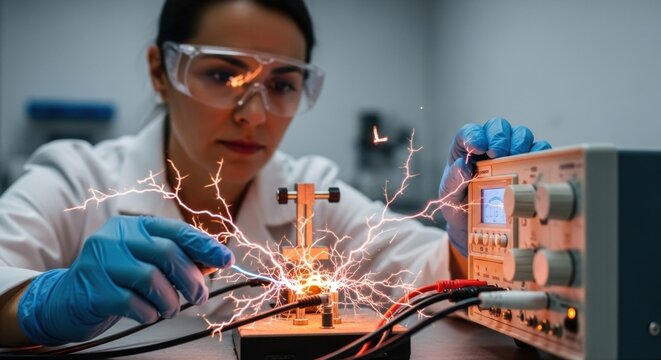 Hispanic female scientist conducting electrical experiment in laboratory