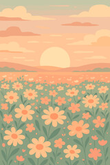 Pastel sunset over blooming daisy flower field, vintage retro color palette, tranquil landscape, cartoon vector illustration, peaceful nature scene, soft clouds, rolling hills, spring meadow