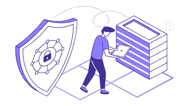 Data Security Person Accessing Secure Server with Tablet and Shield.