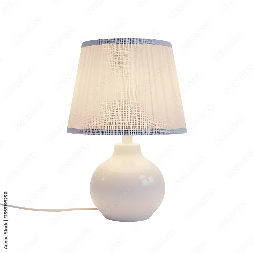 Poster a pristine white table lamp featuring a rounded base a pleated lampshade adorned with subtle blue tr
