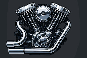 Shiny chrome motorcycle engine vector illustration. Detailed V-twin motor close-up. Mechanical parts, exhaust pipes, cylinders, realistic metallic design. Custom bike power, engineering concept art