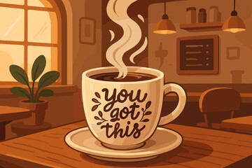 Cozy cafe interior with steaming cup of coffee on wooden table, motivational morning atmosphere, warm lighting, houseplant, cartoon vector illustration, inspirational beverage, relaxation concept
