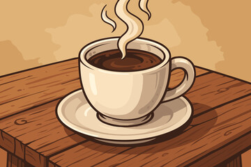 Steaming hot coffee cup on rustic wooden table. Vector cartoon illustration of fresh morning espresso in white mug with saucer, aromatic beverage, cozy cafe ambiance, breakfast drink concept