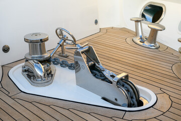 Bollard (cleat) with mooring line on superyacht. Mooring gear on yacht. Superyacht equipment. 