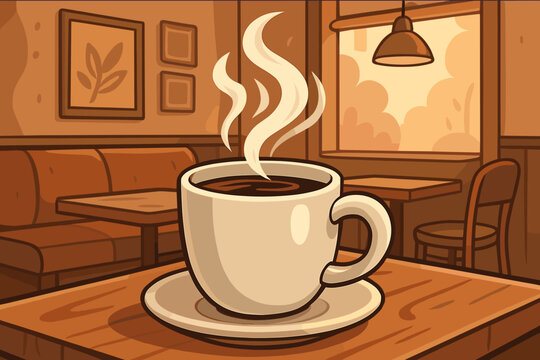 Hot steaming cup of coffee on wooden table in cozy cafe interior. Warm morning beverage, relaxing atmosphere, inviting coffee shop, cartoon vector illustration. Comfort, breakfast, caffeine.