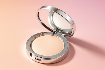 Close up of a silver compact with powder on a gradient pink background
