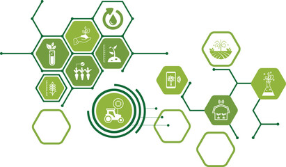 smart farm or agritech vector illustration. Banner with connected icons related to smart agriculture technology, digital iot farming methods and farm automation.
