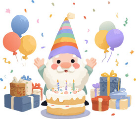 A cheerful gnome wearing a rainbow-striped hat is celebrating a birthday with balloons, gifts, a cake with candles, and colorful confetti around.