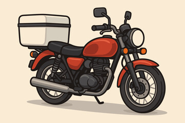 Obraz premium Red motorcycle with large white storage box on rear, delivery transport concept, urban courier service, modern classic bike, side view, vector cartoon illustration, no text elements