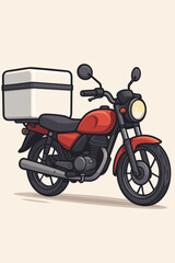 Obraz premium Delivery motorcycle with large white storage box, courier transport service, fast shipping concept, red motorbike side view, urban logistics, vector cartoon illustration, no text