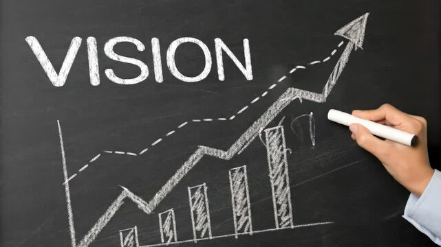 Vision and Growth - Chalkboard Business Concept - A hand draws an upward trending graph and the word "VISION" on a chalkboard.
