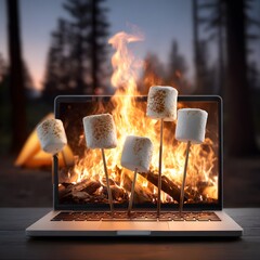 Virtual Campfire – Marshmallows Roasting on Laptop Screen. conceptual Image showing toasted marshmallows held over a laptop screen that displays a roaring campfire in a forest setting.