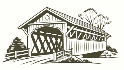 Rustic Wooden Covered Bridge Illustration with Trees and Landscape.