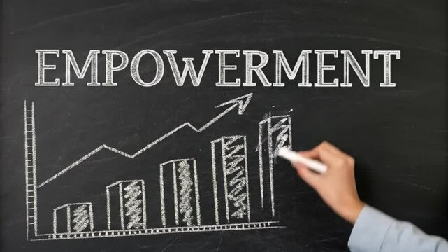 Empowerment Growth Chart - A hand draws a rising bar graph on a blackboard, illustrating growth and progress.