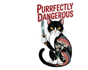 Vintage anime-style cat with a fierce smirk and dagger. A mix of cute and dangerous in tattoo-inspired vector art. Perfect for edgy t-shirt design.