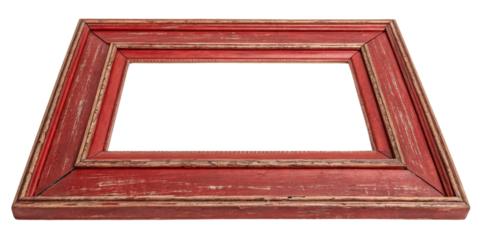 Red Distressed Wooden Picture Frame, Isolated on Transparent Background, Antique Frame, Empty Frame, Picture Frame, Red Frame, Vintage Frame