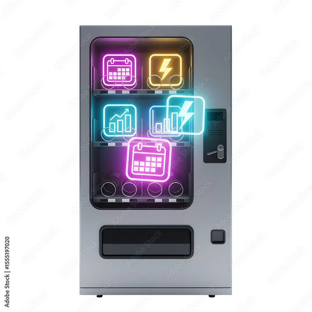 Poster illustration of a vending machine with glowing neon icons indicating data analysis and schedule mana