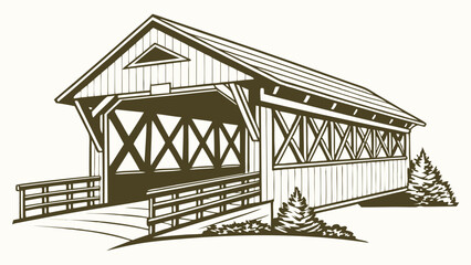 Vintage Illustration of a Covered Wooden Bridge 1.