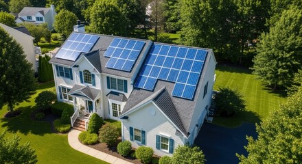 Modern suburban home with solar panels on roof in green neighborhood