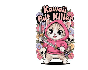 Cute anime cat in streetwear holding a katana. A blend of kawaii charm and deadly attitude in vintage Japanese style. Vector art ideal for t-shirts.