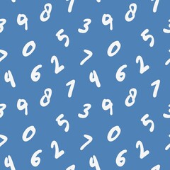 School numbers seamless pattern, simple back to school paper,  kids room wallpaper, white on blue background