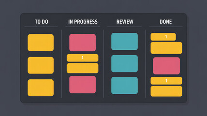 Kanban Board Workflow: A visually intuitive and clean representation of a Kanban board, used to track progress, manage tasks, and streamline project workflows in a modern design.