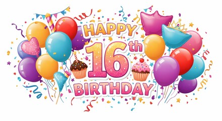 Colorful Birthday Celebration with Balloons Cupcakes and Confetti for 16th Anniversary