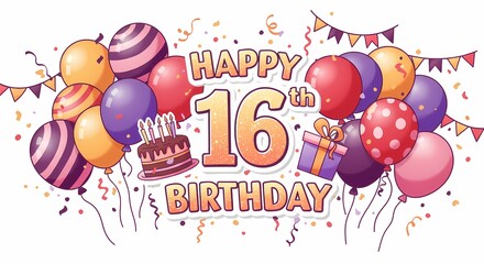 Colorful Happy 16th Birthday Celebration with Balloons Cake and Gift