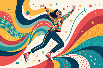 Obraz premium dancing girl vector illustration, Colorful abstract shapes with vibrant, playful, and whimsical design — dynamic composition of geometric patterns with bold colors, movement, and fluid, imaginative ex