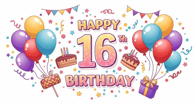 Colorful Happy 16th Birthday Celebration with Balloons Candles and Gift Box